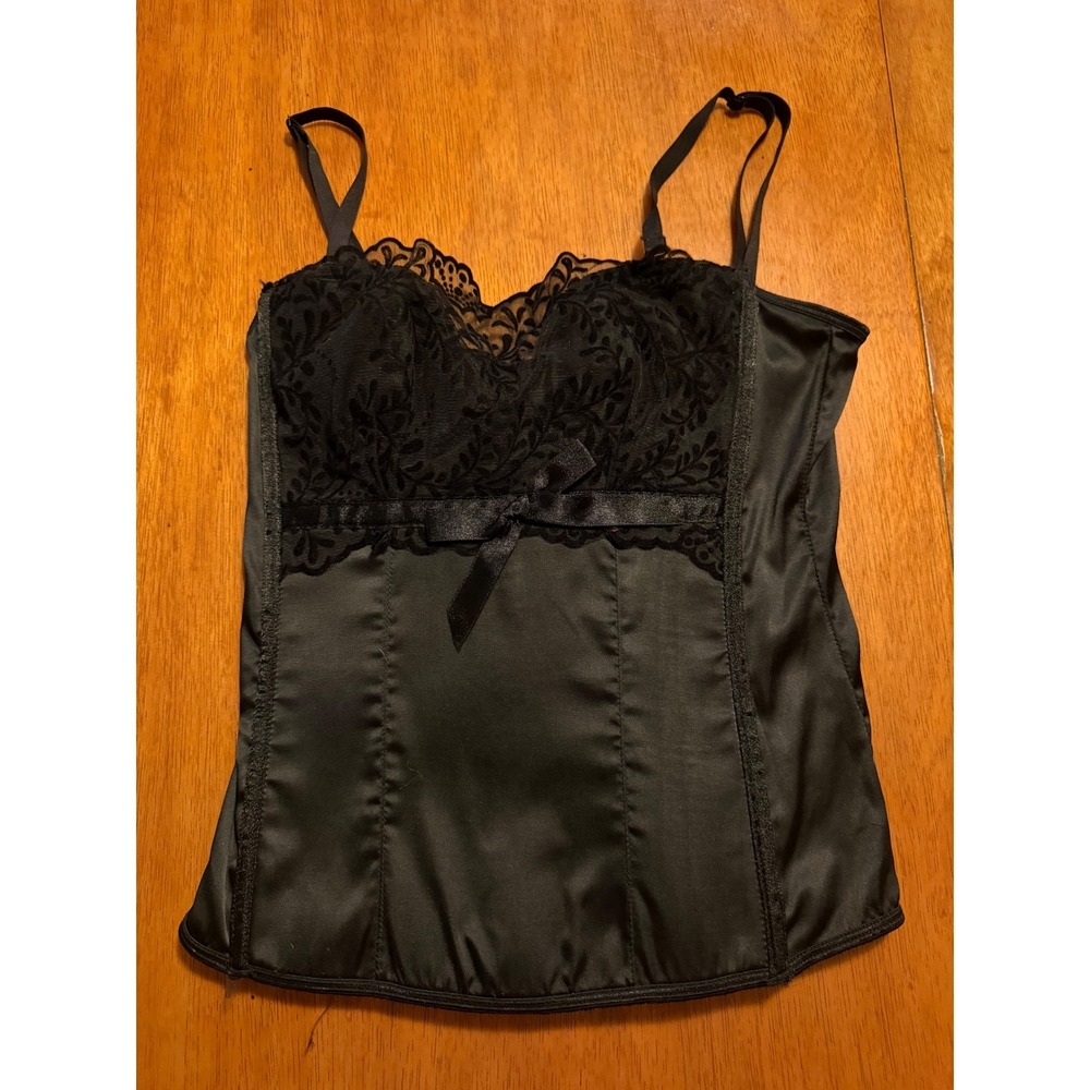 Fredericks of Hollywood Black Satin Lace Corset Top Small 254520FD Hook Back